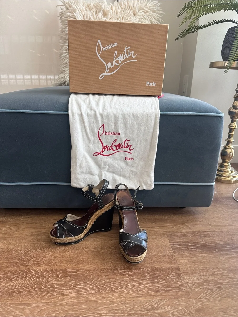 Christian Louboutin Black Leather Wedge Sandals with Espadrille Platform